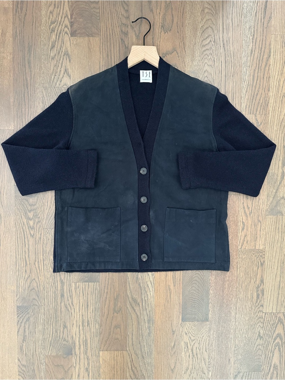TSE Cashmere V-Neck Knit and Suede Cardigan Sweater in Navy Blue Small